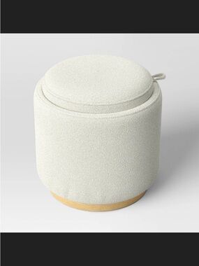 Target Cream Fabric Round Storage Ottoman with Wood Base! Perfect for dorm room!